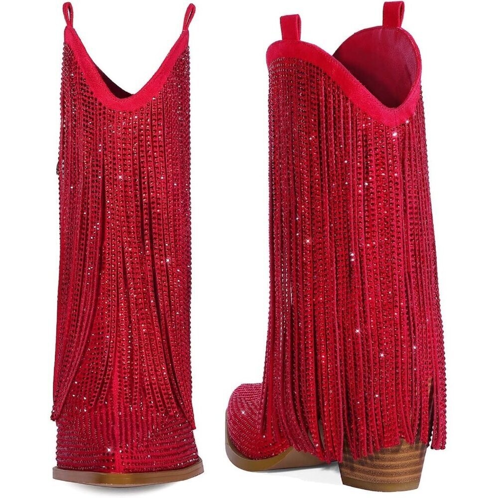 Women's Red Rhinestone Sparkly Fringe Chunky Heel Pointed Toe Ankle Boots - Picture 7 of 7